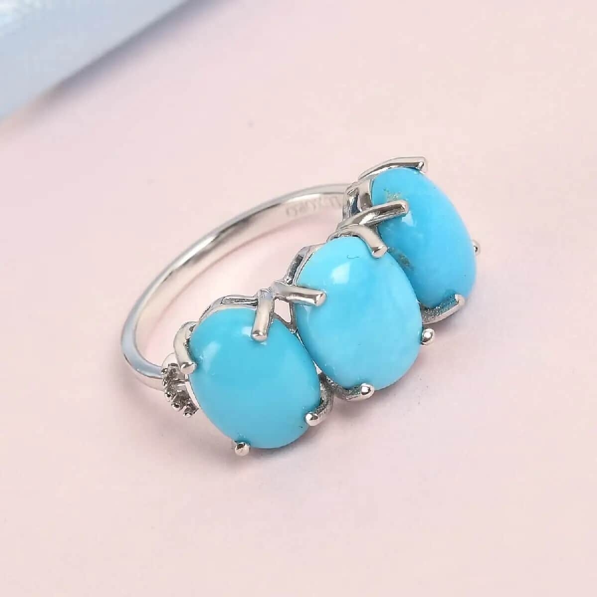 10K White Gold Oval Turquoise Diamond 3 Stone Ring Size 9 R24885