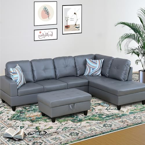 Faux Leather L Shaped Sectional Sofa with Storage Ottoman and Two Pillow C79608