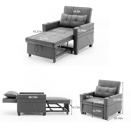 Blue Convertible Sofa Bed Chair with Cup Holder, USB Port, Adjustable Backrest S803334