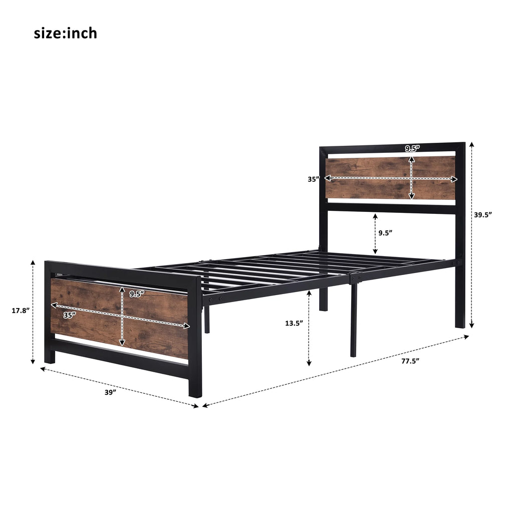 Black Twin Size Metal and Wood Platform Bed with Headboard and Footboard H37576