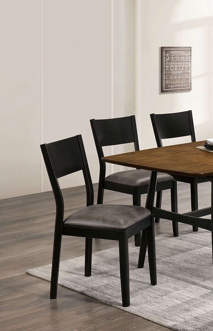 Set of 2 Dining Chairs Black Solid Wood Gray Leatherette Seat E4056