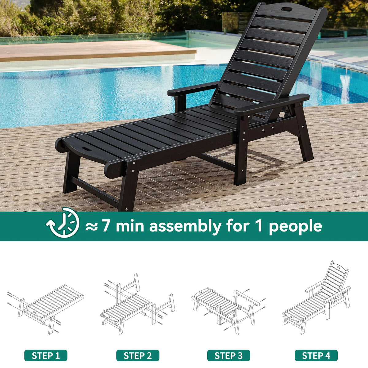 Black Adjustable Resin Outdoor Chaise Lounge Chair D814