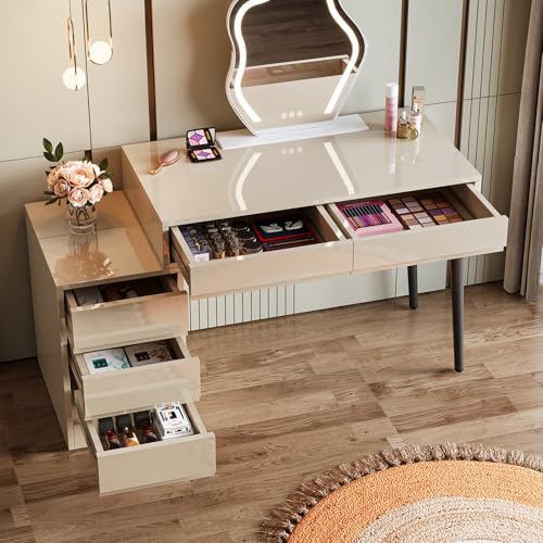 Beige Glossy Desk with 5 Drawers E1948