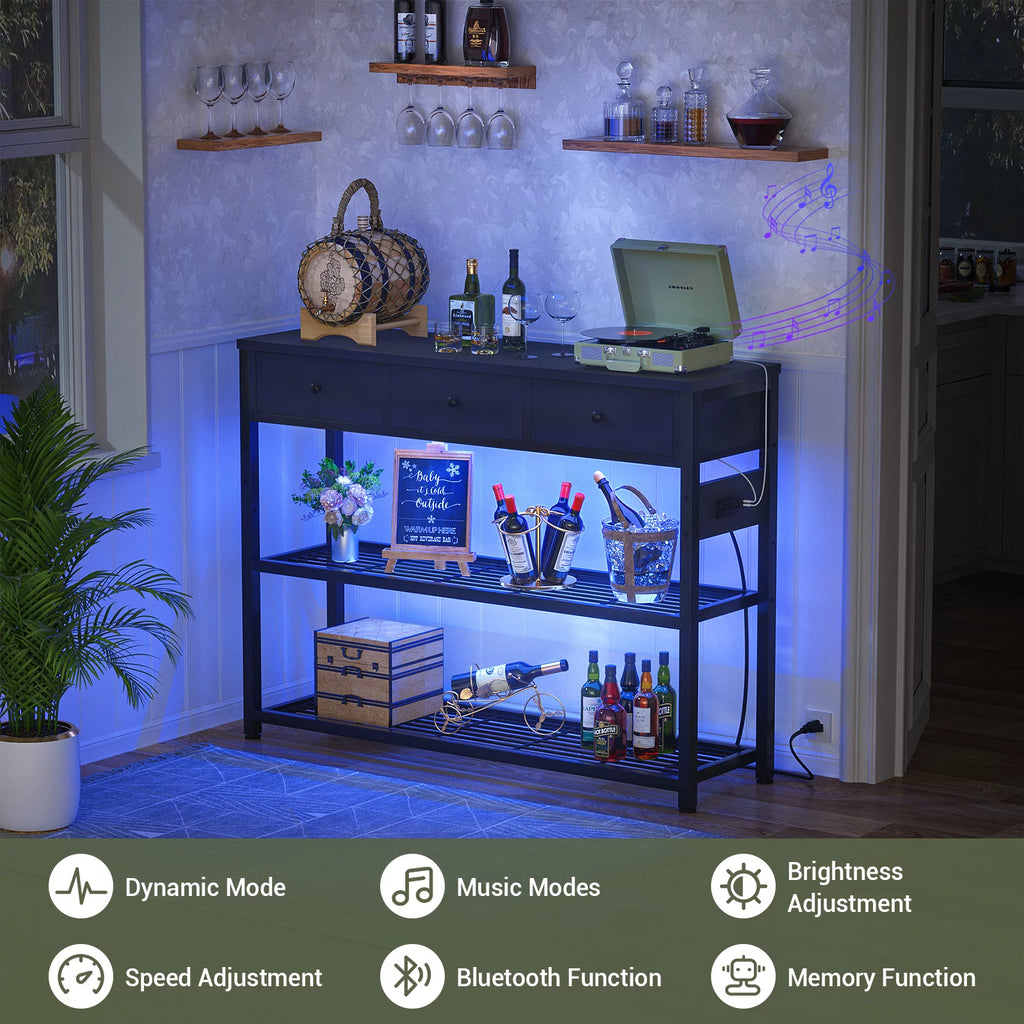 Black Console Table with Charging Station and Storage Shelves J374998