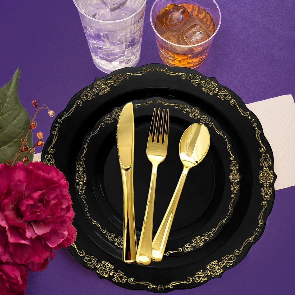 Black Gold Disposable Plastic Wedding Value Set (60 Guests) P845