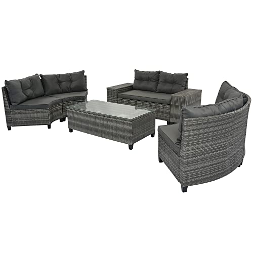 8 Piece Half Moon Sectional Patio Furniture Set with Washable Cushions and Glass Coffee Table R691