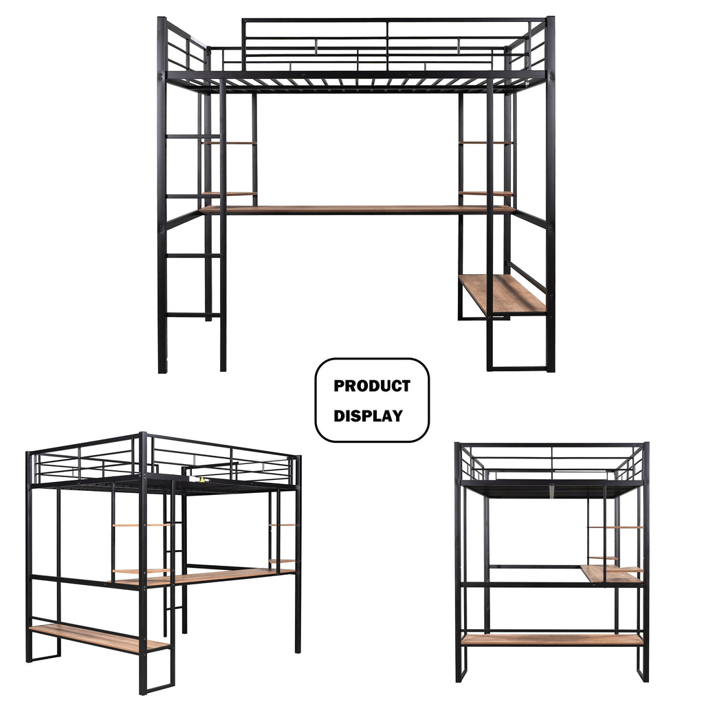Full Size Metal Loft Bed with Desk and Shelves O336