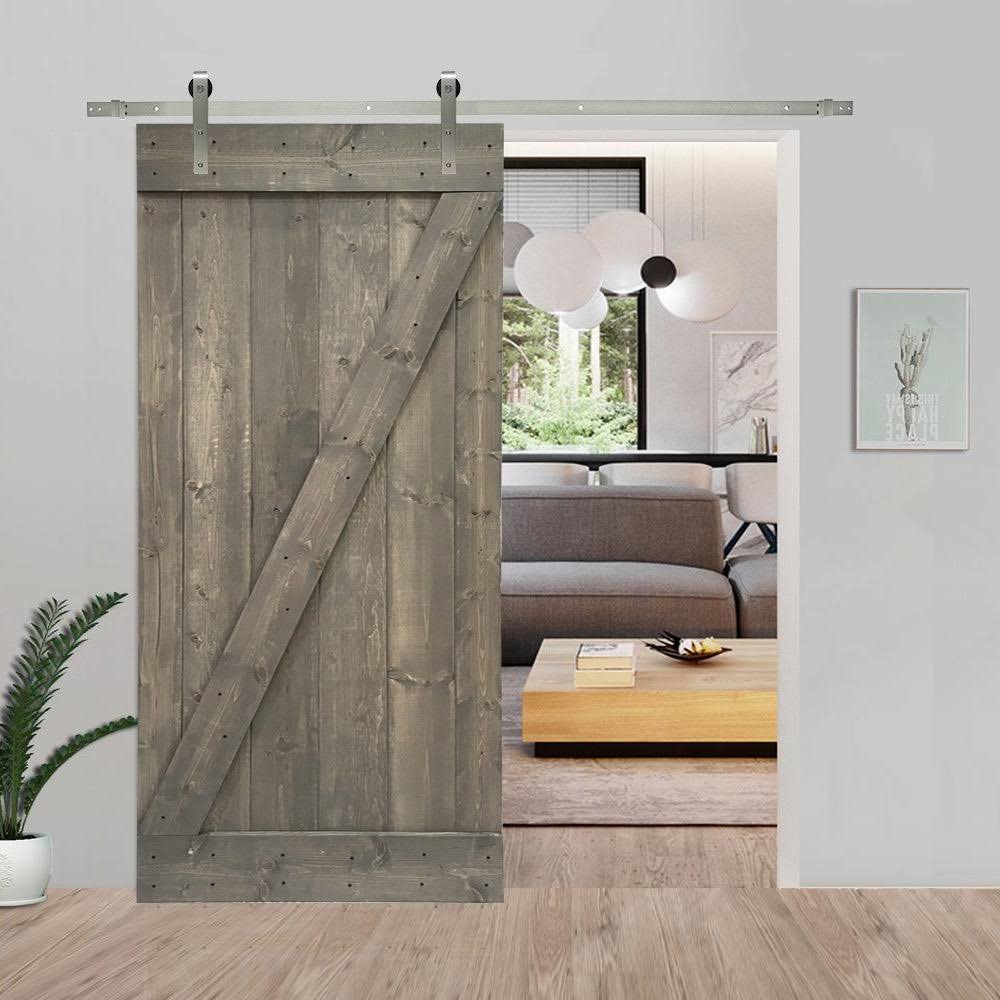 Weather Gray Stained Wood Interior Sliding Barn Door with Hardware Kit L515