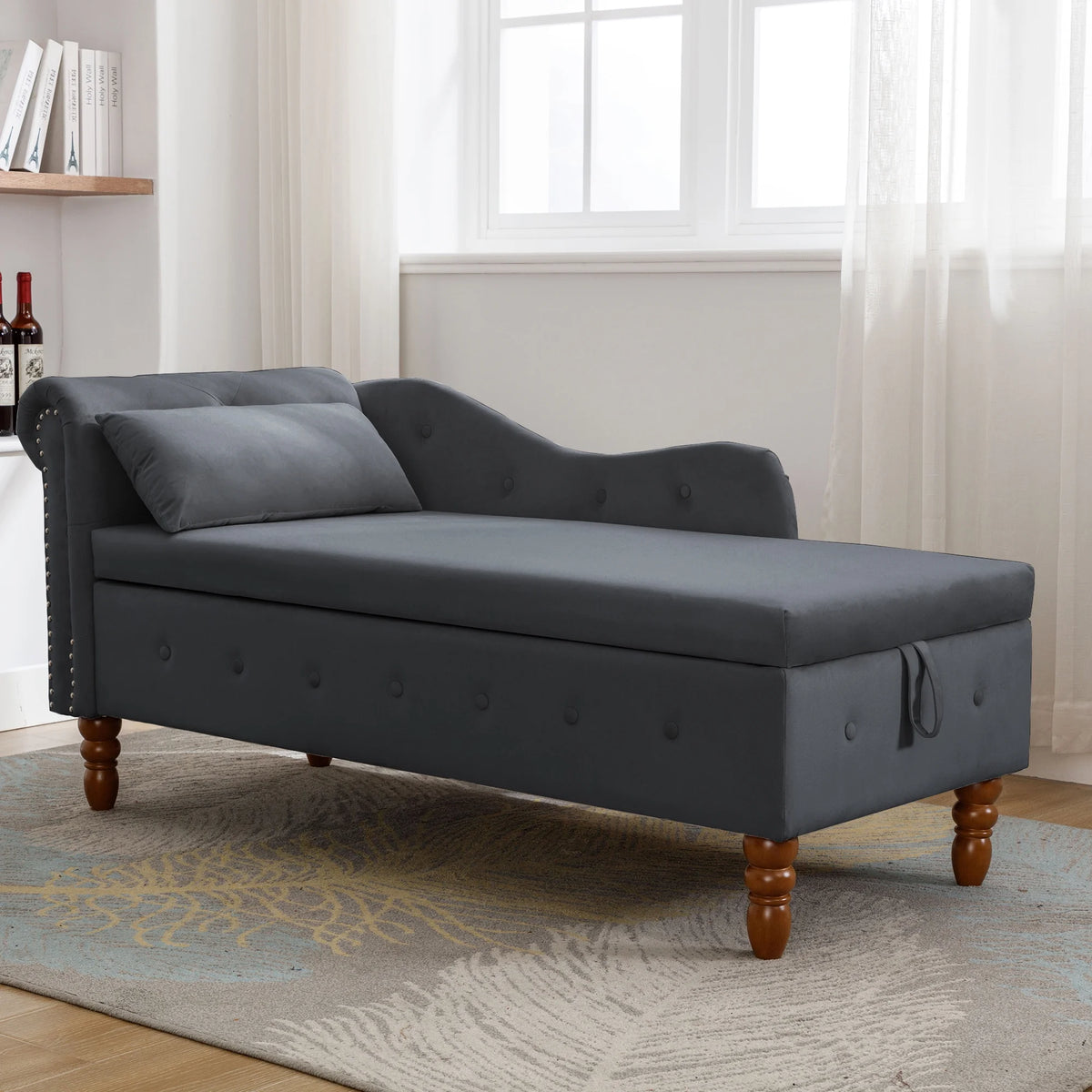 Black Velvet Chaise Lounge with Storage and Pillow L156
