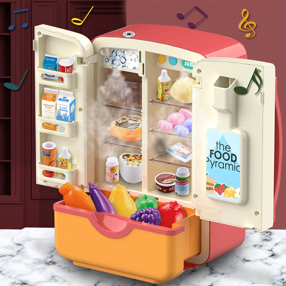 Kids Kitchen Toys Fridge Refrigerator Play Kitchen Set with Accessories Music and Light M73504