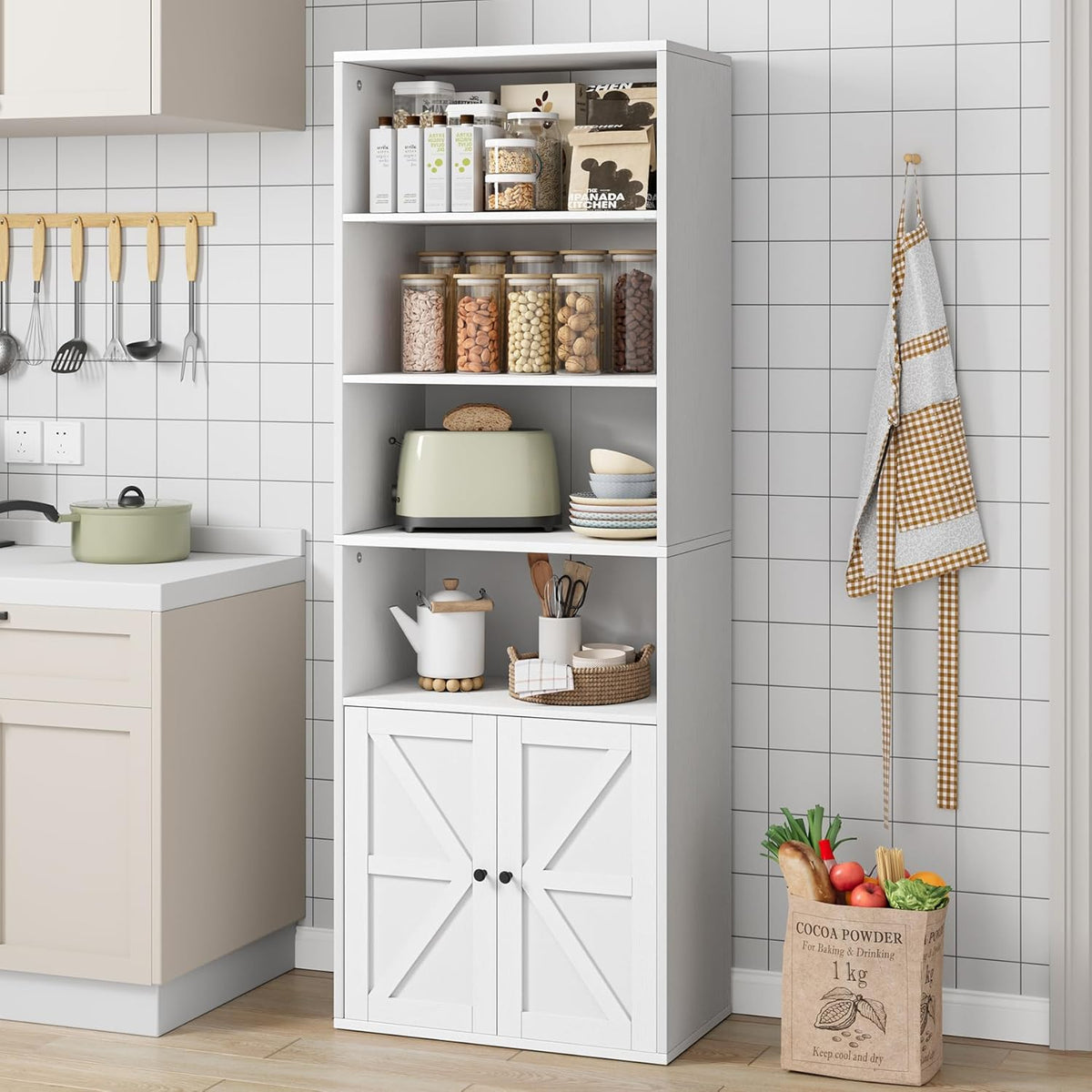 White 6 Shelf Wooden Bookcase with Doors O98609