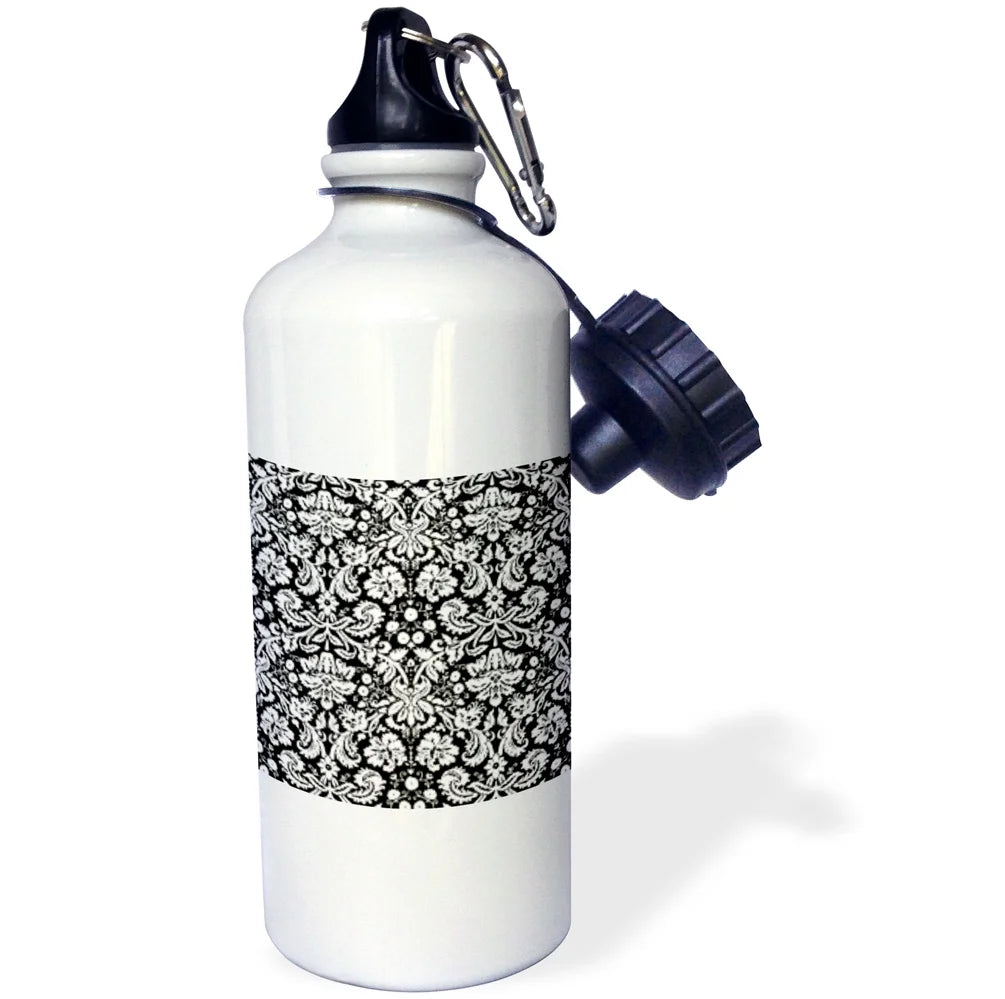 Black damask French floral pattern Sports Water Bottle, 21oz P368174