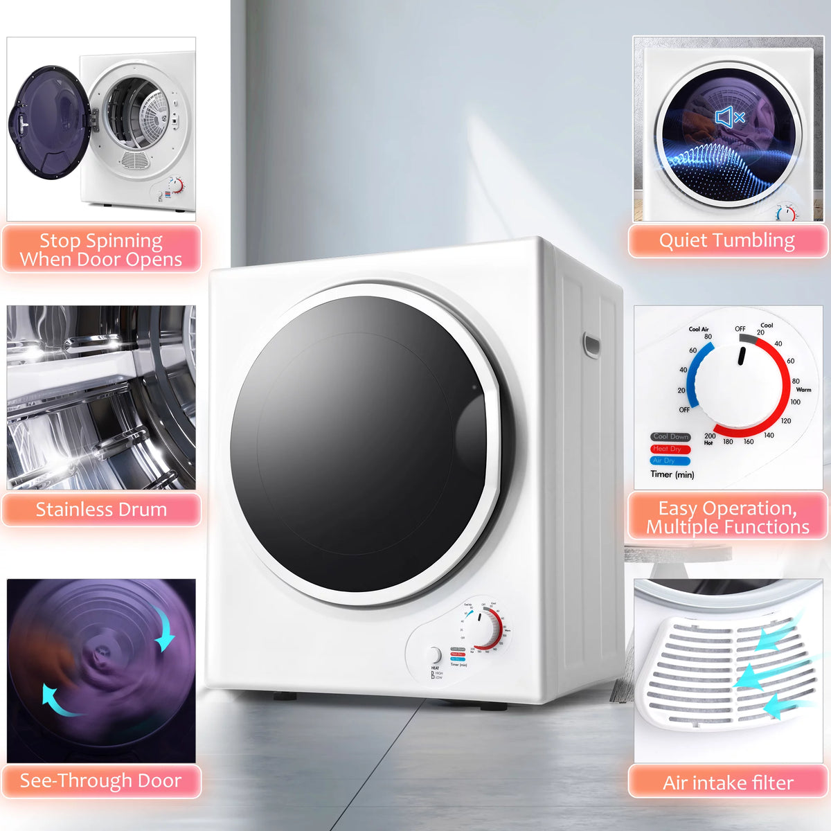 850W Portable Front Load Electric Clothes Dryer with 5 Drying Modes X407230