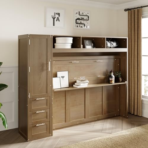Antique Grey Solid Wood Murphy Bed with Wardrobe and Drawers Z538