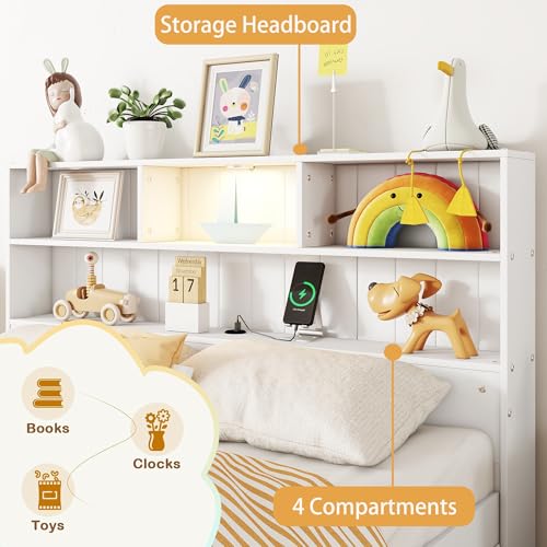 White Twin Size Platform Bed with Bookcase Headboard and 2 Storage Drawers R5608