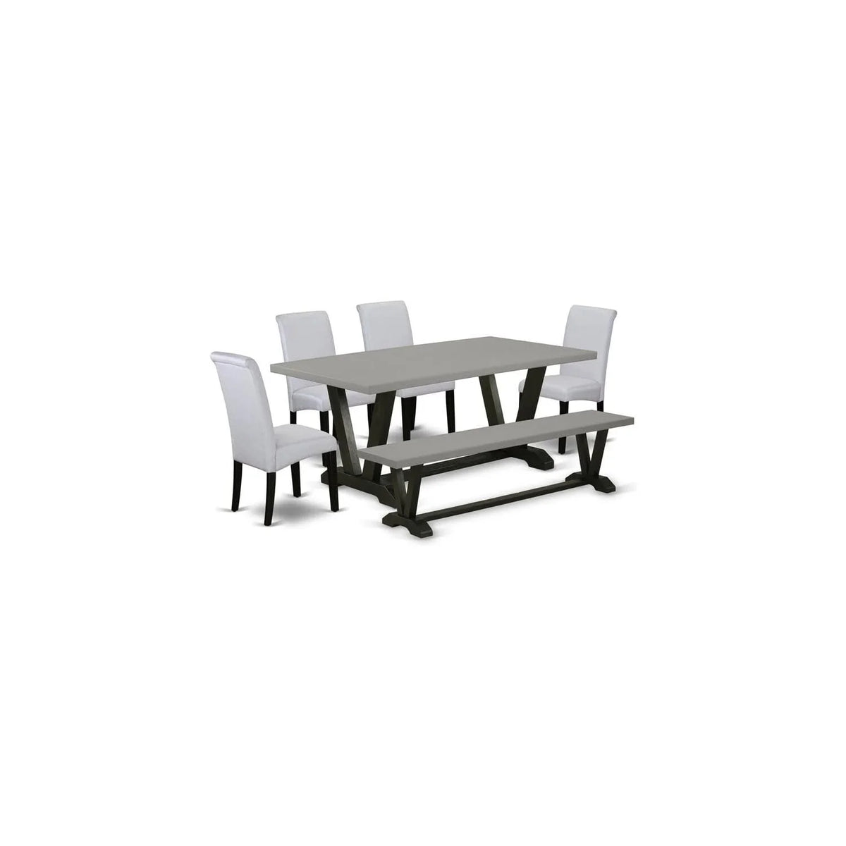 6 Pc Dining Table Set with Bench and 4 Grey Linen Fabric Chairs C4712