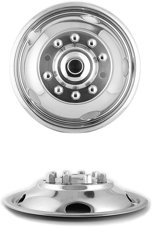 4pcs 19.5 Dually Steel Wheel Simulators Hub Covers 10 Lug Bolt on 304L Stainless Steel Polished Hub Cap Skins Liners G302