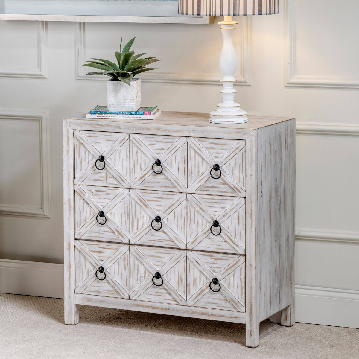 White Three Drawer Wood Cabinet I608085