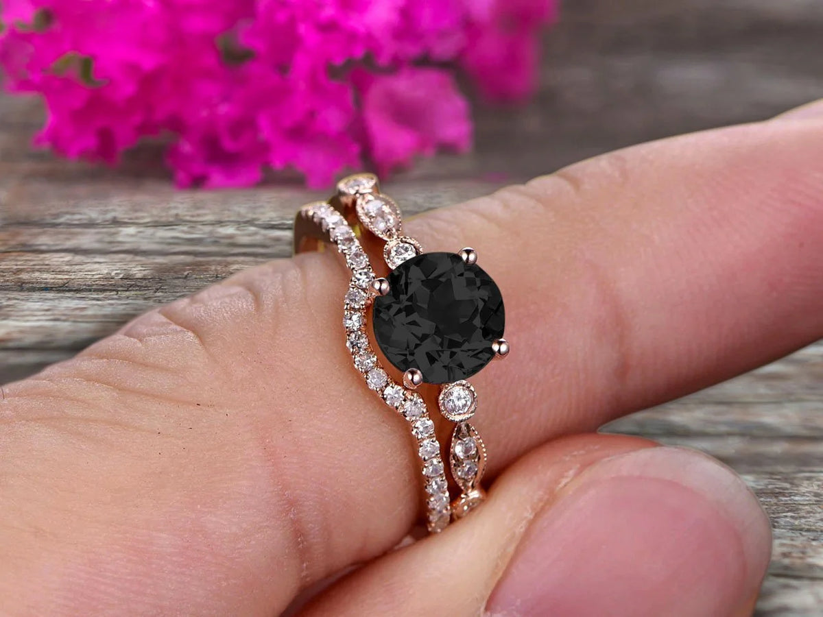 2 Carat Black Diamond Moissanite 10k Rose Gold Wedding Set Ring I148