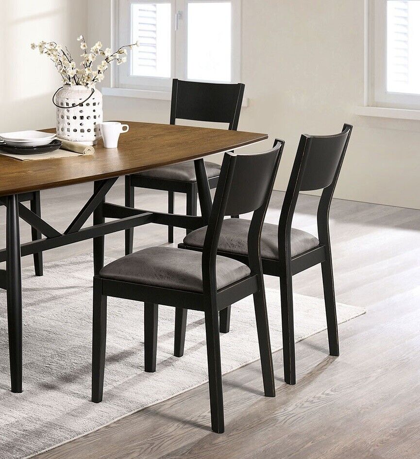 Set of 2 Dining Chairs Black Solid Wood Gray Leatherette Seat E4056
