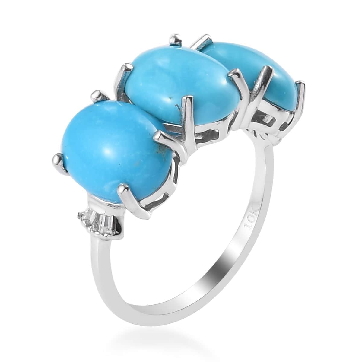 10K White Gold Oval Turquoise Diamond 3 Stone Ring Size 9 R24885