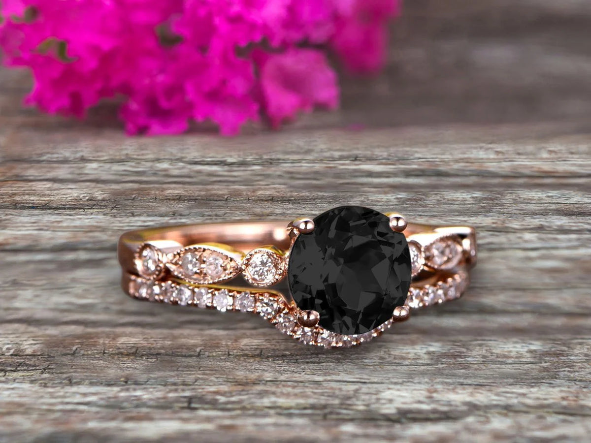 2 Carat Black Diamond Moissanite 10k Rose Gold Wedding Set Ring I148