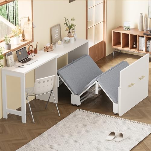 White Twin Folding Murphy Bed with Mattresses and Desk B925
