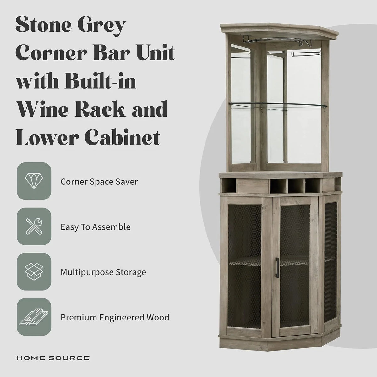 Stone Grey Corner Bar Unit with Built-In Wine Rack and Lower Bar Cabinet I6049