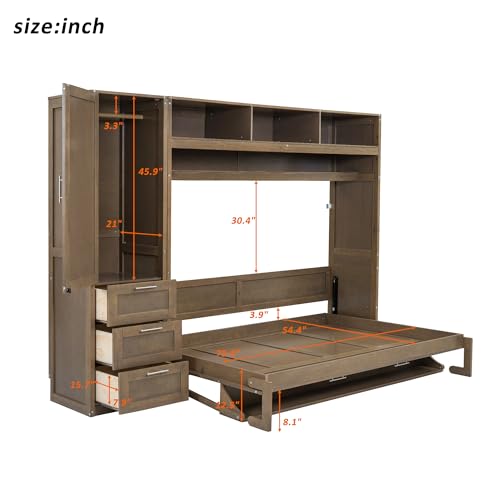 Antique Grey Solid Wood Murphy Bed with Wardrobe and Drawers Z538