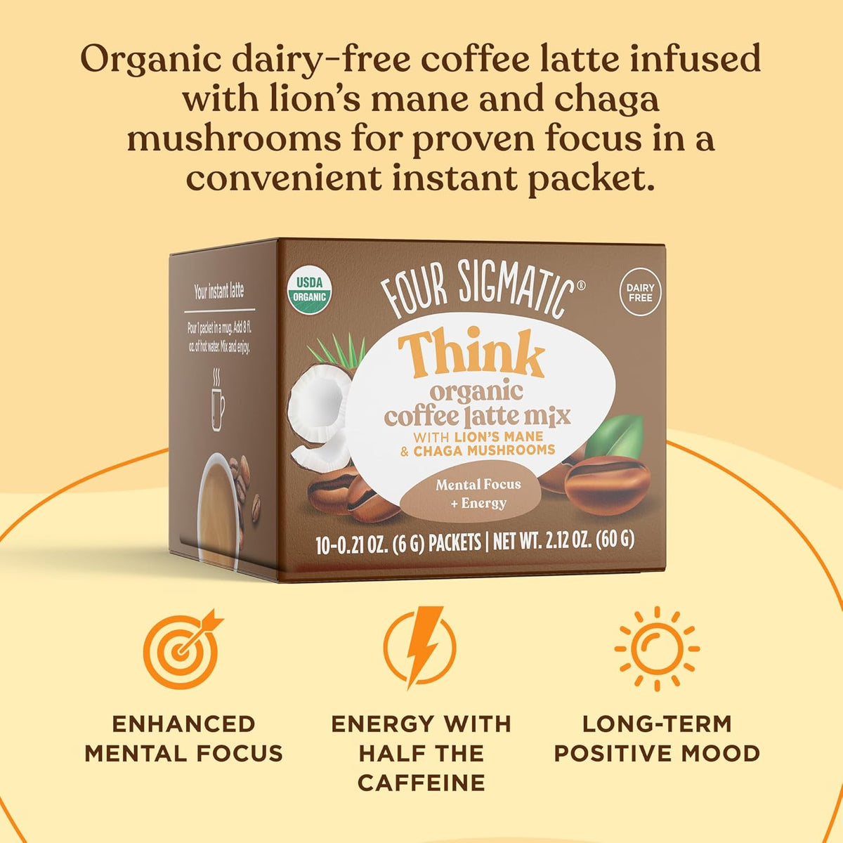 Organic Instant Coffee Latte Mix with Lion's Mane, Chaga Mushrooms & Coconut Milk Powder, 10 Count N83417