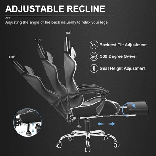 White Gaming Chair with Footrest and Lumbar Support F19889