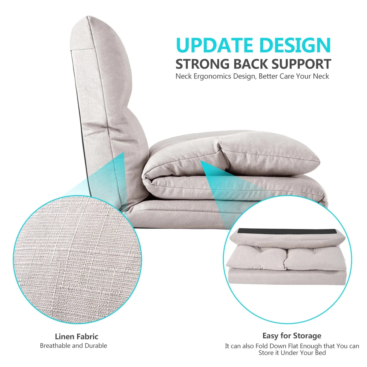 Foldable Double Chaise Lounge Floor Sofa Chair with Two Pillows R91722