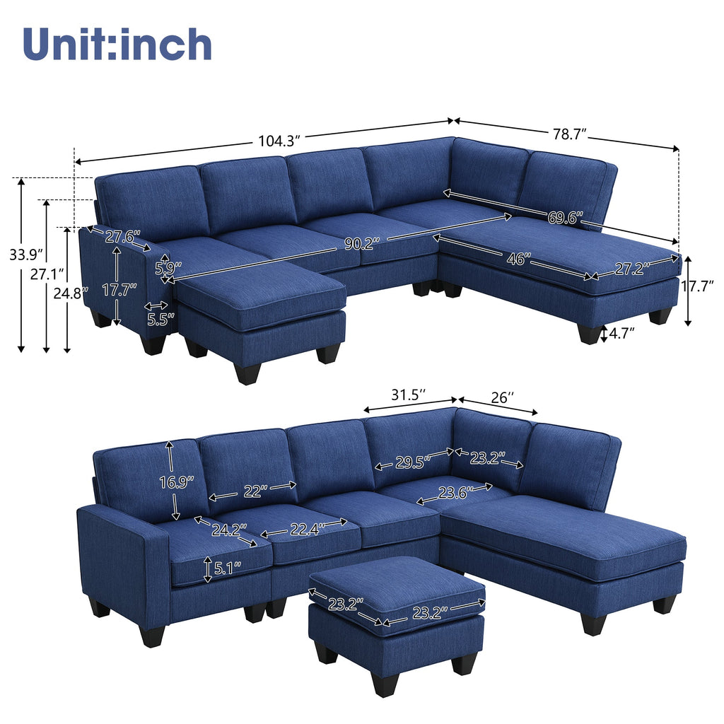Blue Linen Fabric L-shaped Sectional Sofa I678108
