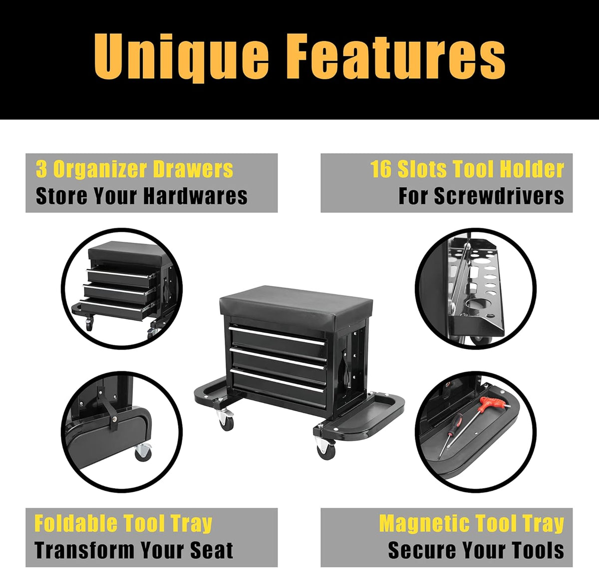 Black 3 Drawer Rolling Garage Tool Storage Chest and Seat B618