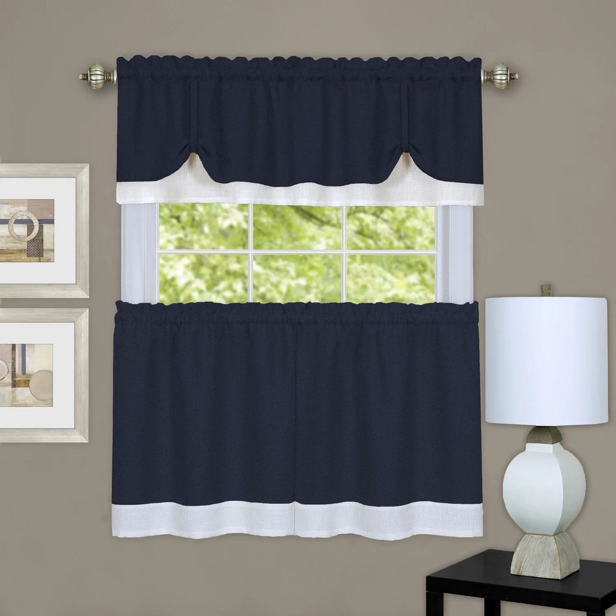 Navy White Kitchen Curtain Tier Pair E9325