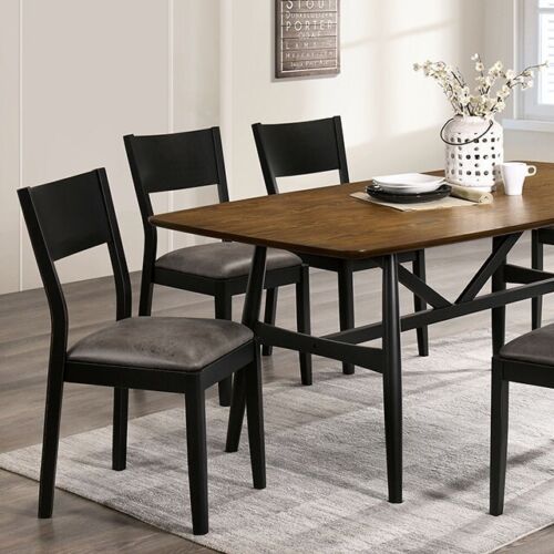 Set of 2 Dining Chairs Black Solid Wood Gray Leatherette Seat E4056