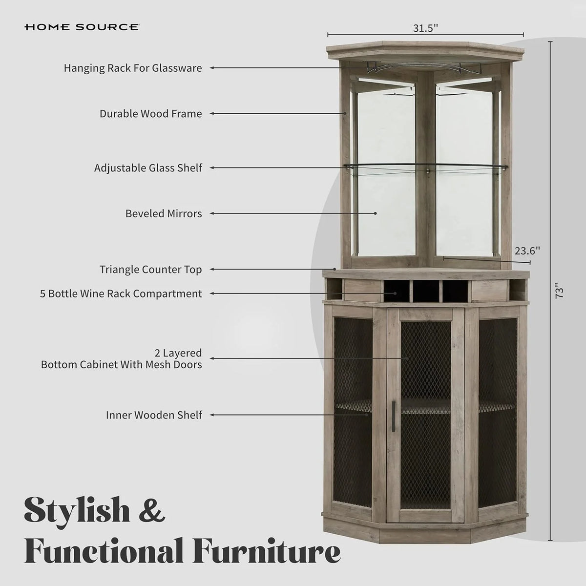 Stone Grey Corner Bar Unit with Built-In Wine Rack and Lower Bar Cabinet I6049