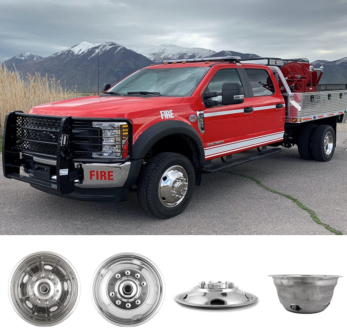 4pcs 19.5 Dually Steel Wheel Simulators Hub Covers 10 Lug Bolt on 304L Stainless Steel Polished Hub Cap Skins Liners G302
