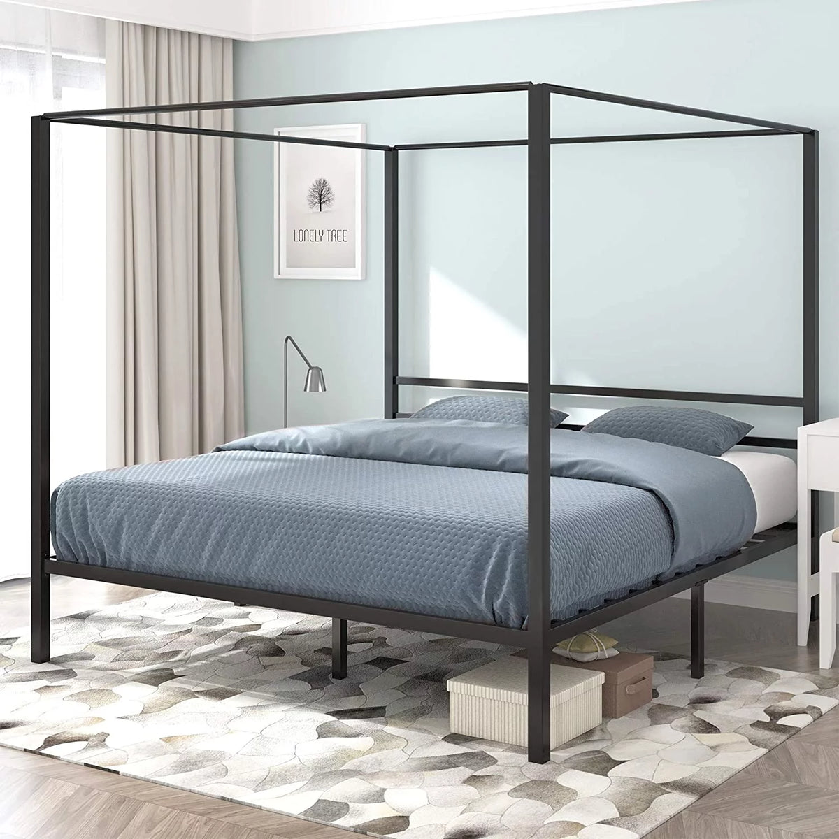 Queen Size Black Metal Canopy Bed Frame with Headboard A803