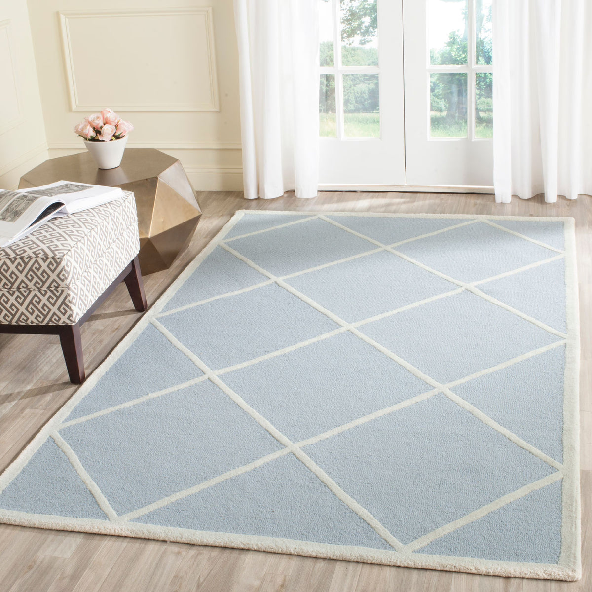 Geometric Diamonds Wool Area Rug, Light Blue/Ivory, 5' x 8' Y8235