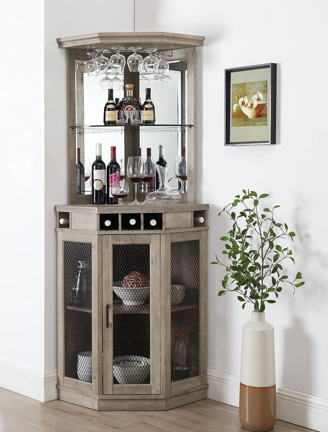 Stone Grey Corner Bar Unit with Built-In Wine Rack and Lower Bar Cabinet I6049
