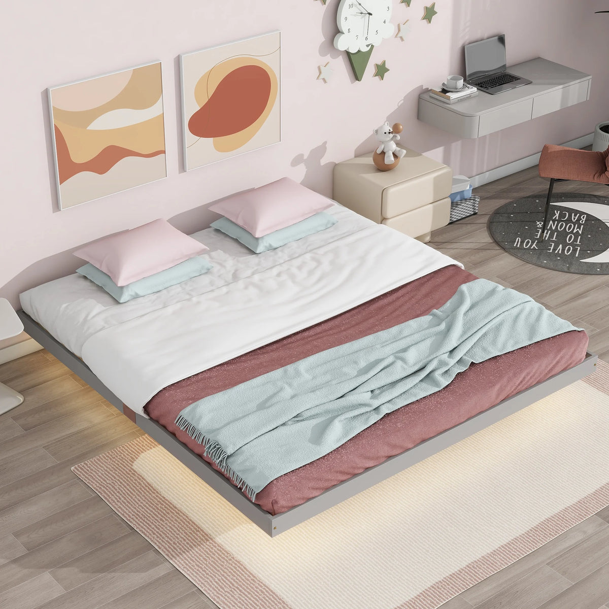 White Full Size Floating Bed Frame with LED Lights J375574