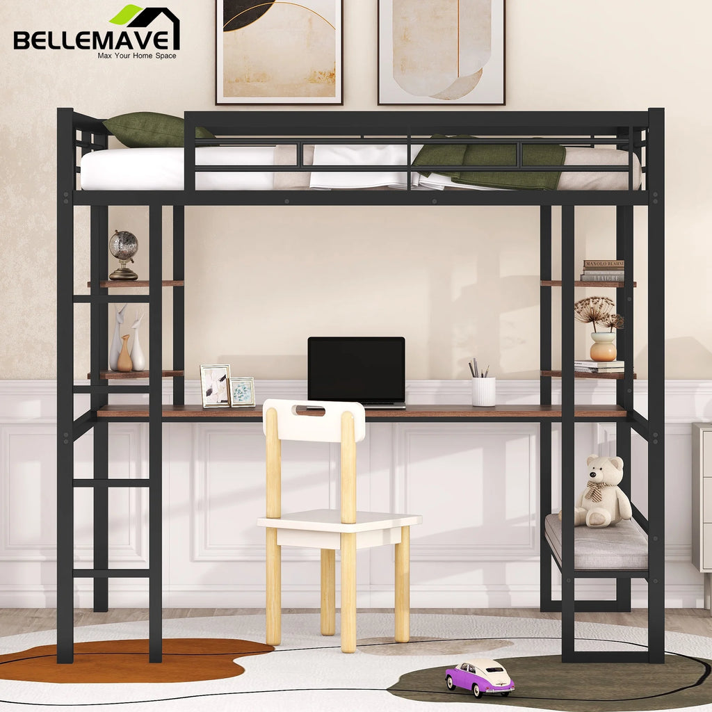 Full Size Metal Loft Bed with Desk and Shelves O336