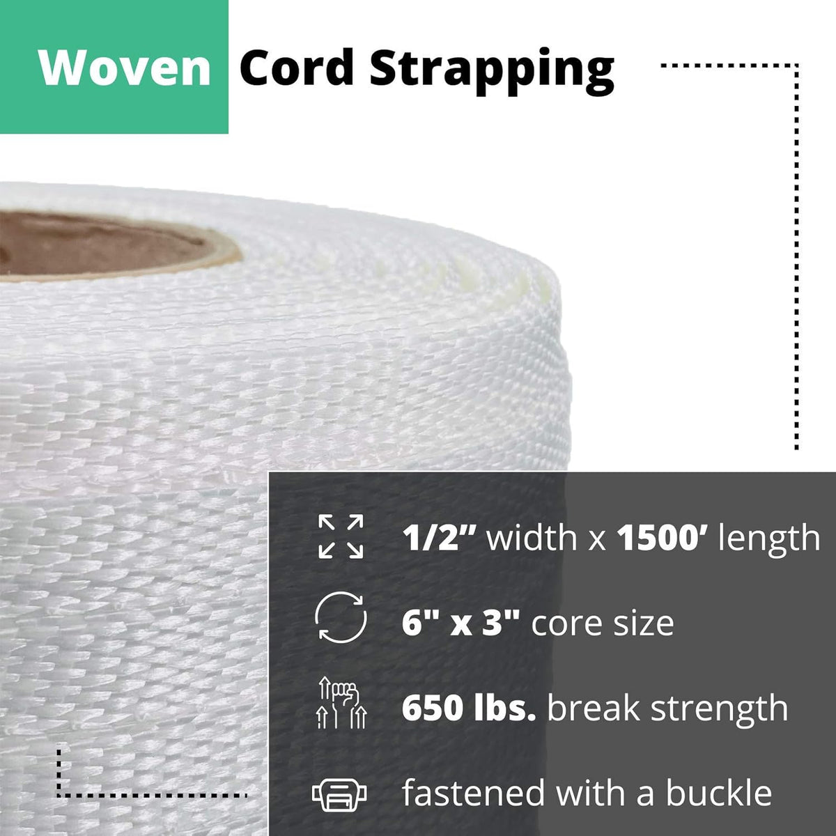 1/2" Heavy Duty Woven Cord Strapping, 1500' Length, 650 lb. Break Strength, Pack of 2 J925068
