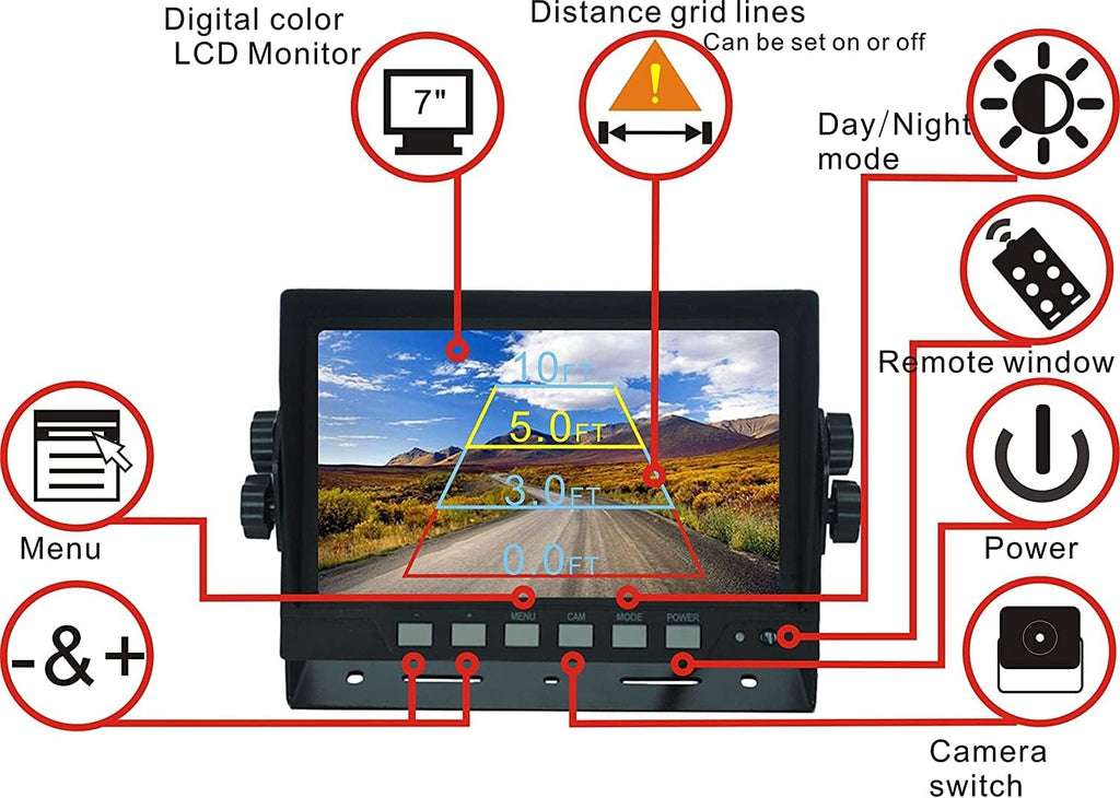 Wired Dual Backup Camera Kit, 7 LCD Monitor, IP69K Waterproof Rear View Camera O762883