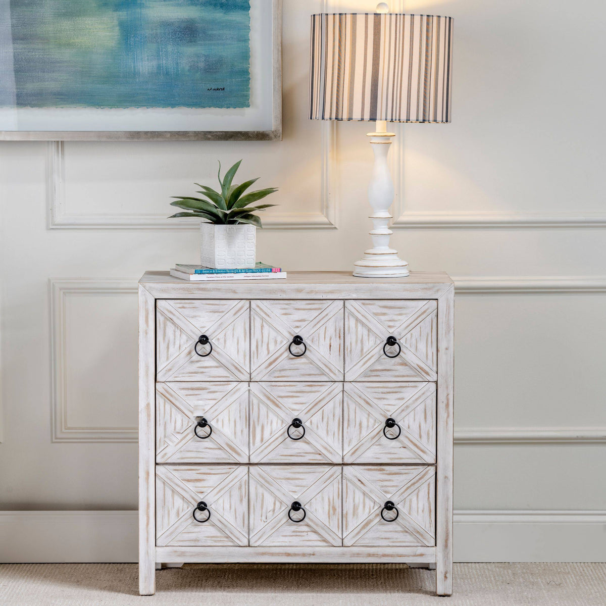 White Three Drawer Wood Cabinet I608085