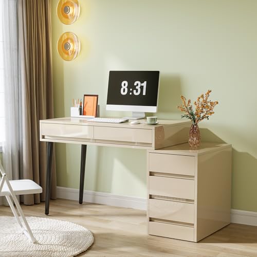 Beige Glossy Desk with 5 Drawers E1948
