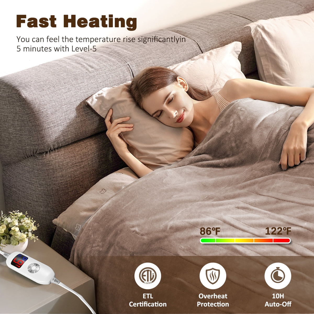 King Size Camel Flannel Heated Blanket C290