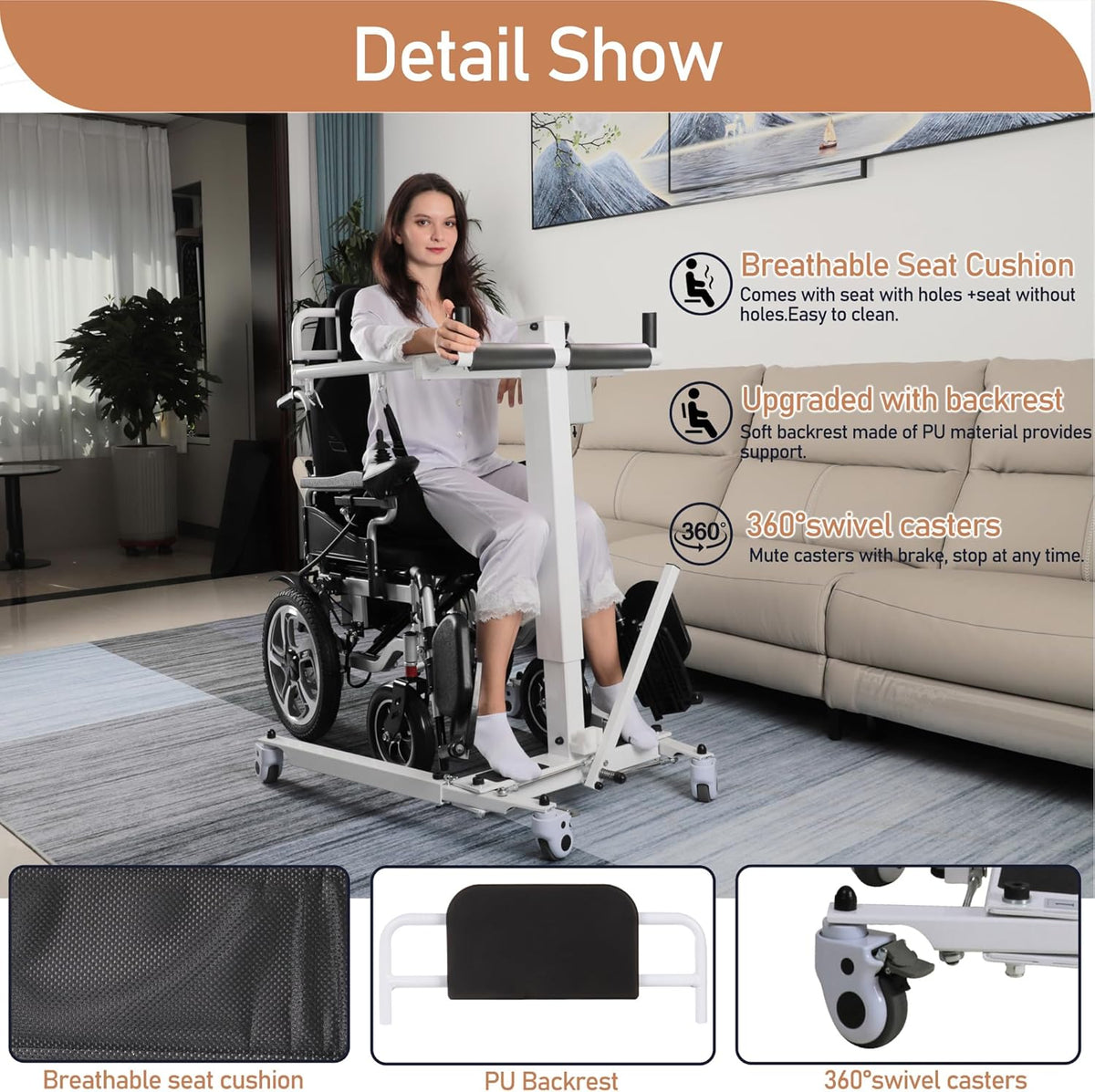White Foldable Electric Patient Lift Transfer Chair with Adjustable Base S86953