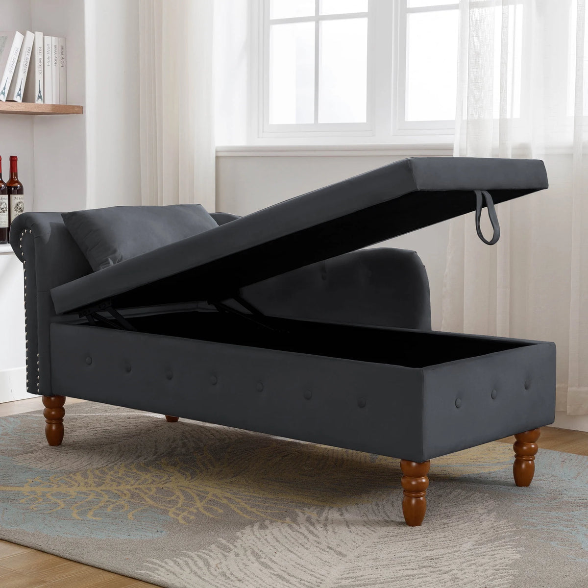Black Velvet Chaise Lounge with Storage and Pillow L156